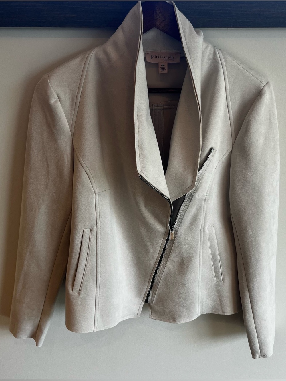 Philosophy Soft Cream Faux Suede Leather Asymmetric Moto Jacket | Size Medium